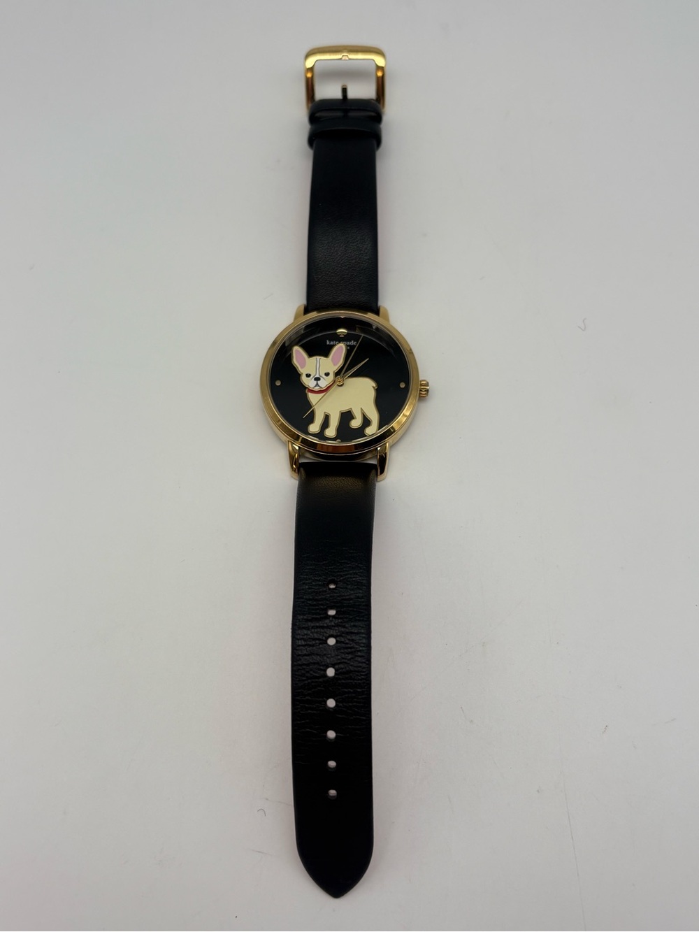 KATE SPADE Metro Black Gold Bulldog Puppy Dog Leather Watch